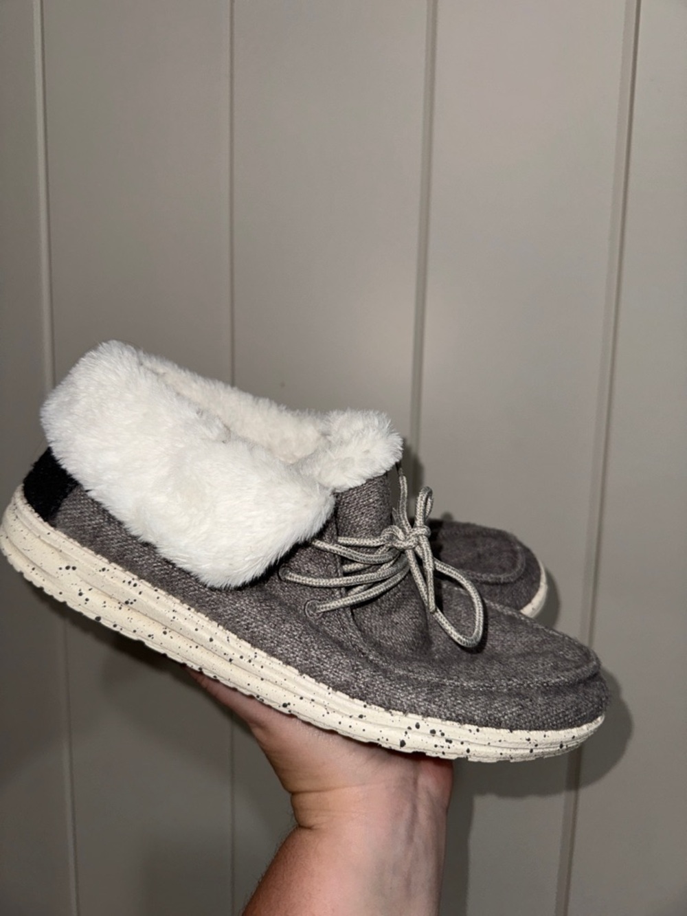 Hey Dude Gray Faux-Fur Collar Slip-On Women's Slippers